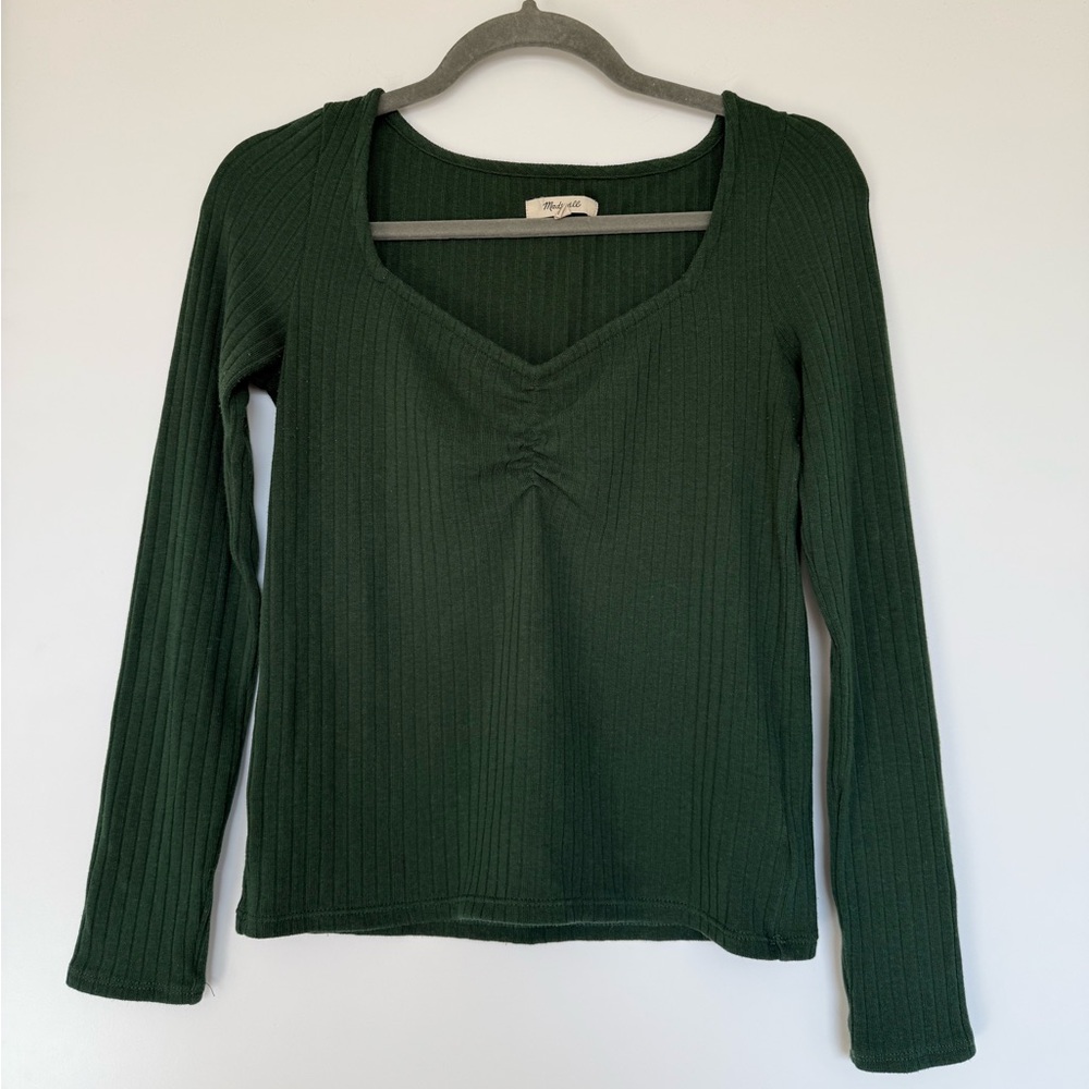 Madewell Green Ribbed Sweetheart Long Sleeve Top